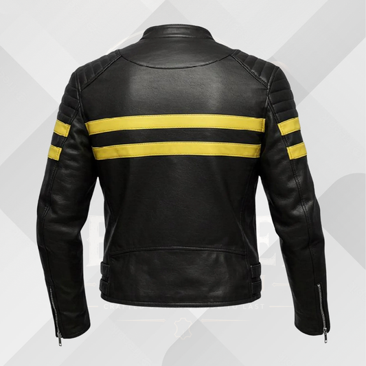 Men's Black Leather Biker Jacket – Yellow Racing Stripe