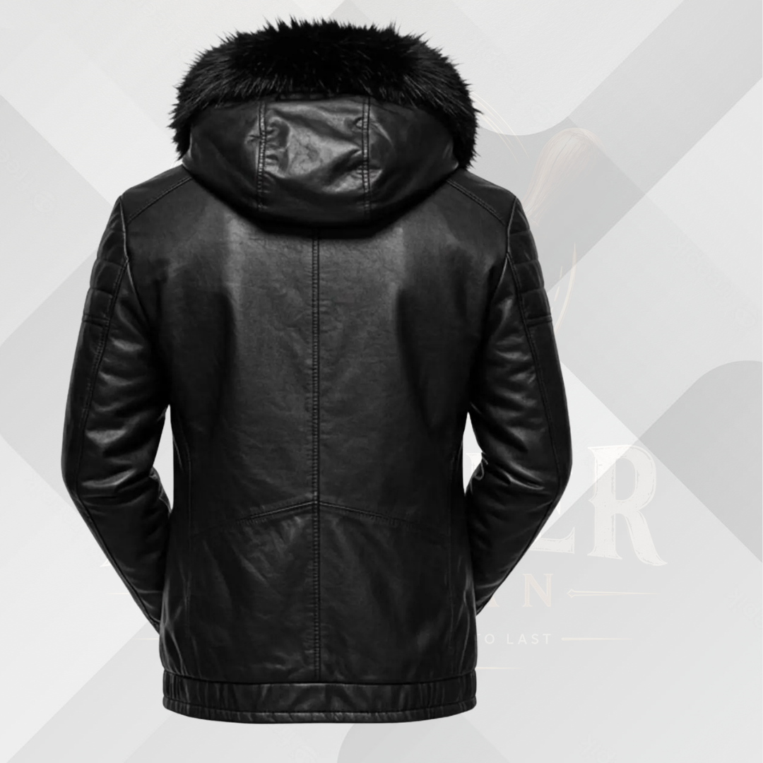 Men's Black B3 Shearling Leather Jacket with Fur Hood