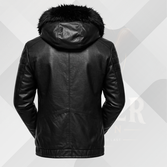 Men's Black B3 Shearling Leather Jacket with Fur Hood