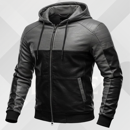 Men's Handmade Black Gray Leather Jacket with Hood