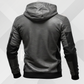 Men's Handmade Black Gray Leather Jacket with Hood