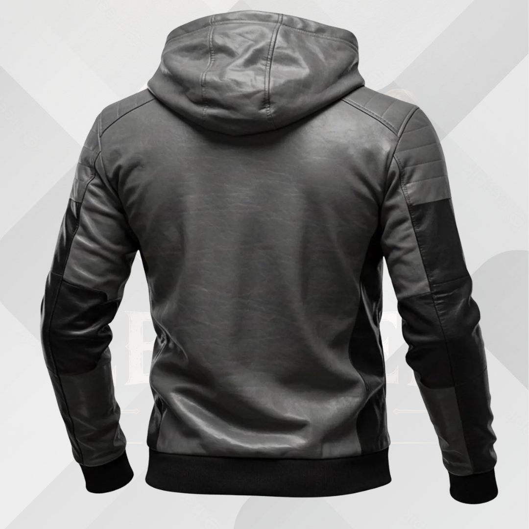 Men's Handmade Black Gray Leather Jacket with Hood