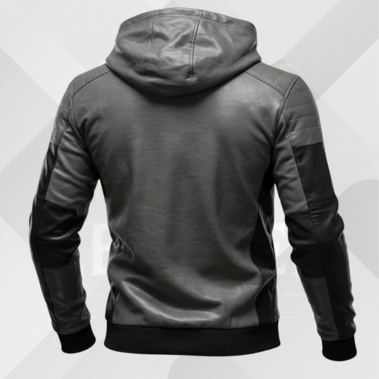 Men's Handmade Black Gray Leather Jacket with Hood