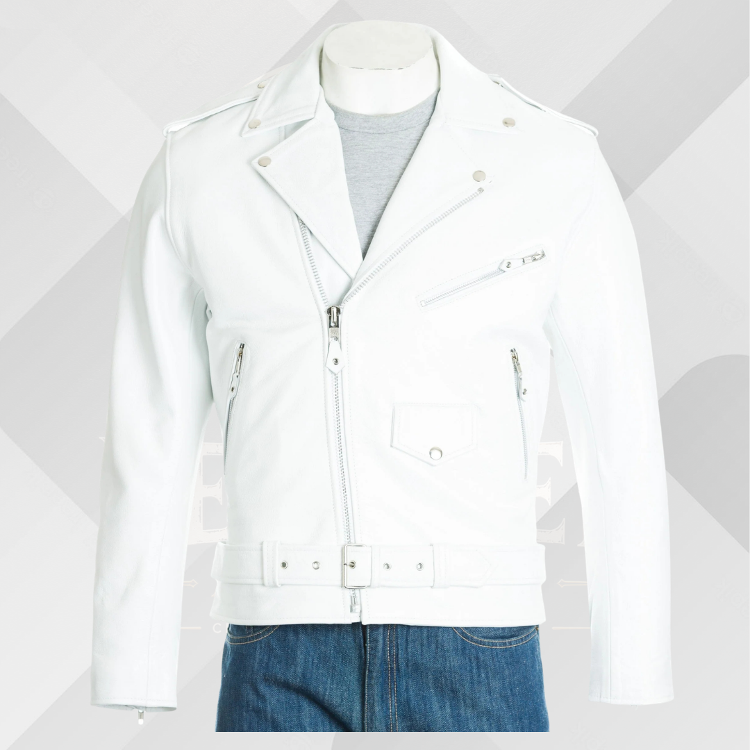 Men's White Classic Brando Leather Biker Jacket