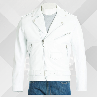 Men's White Classic Brando Leather Biker Jacket