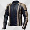 Men's Navy Blue & Beige Leather Cafe Racer Jacket – Handmade