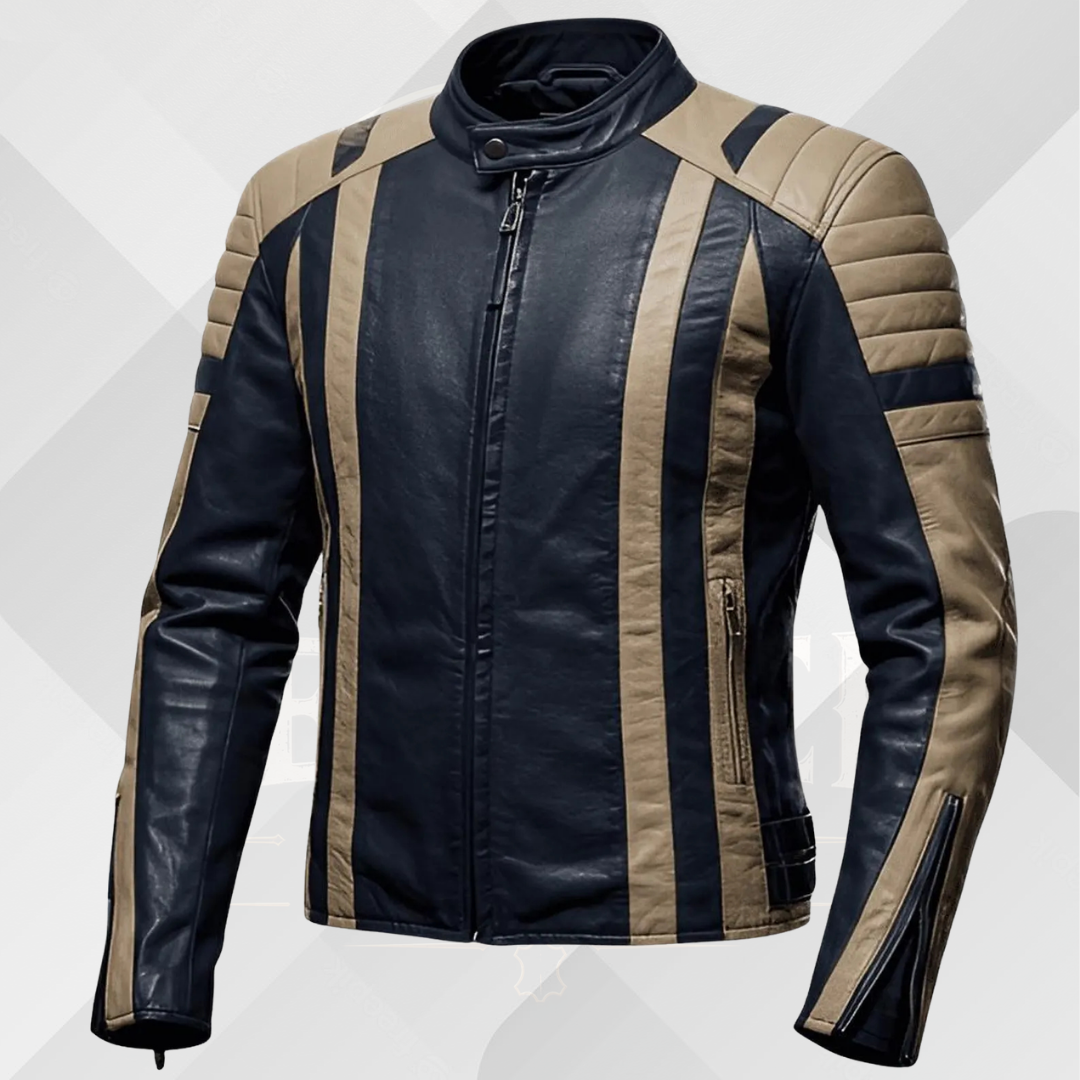 Men's Navy Blue & Beige Leather Cafe Racer Jacket – Handmade