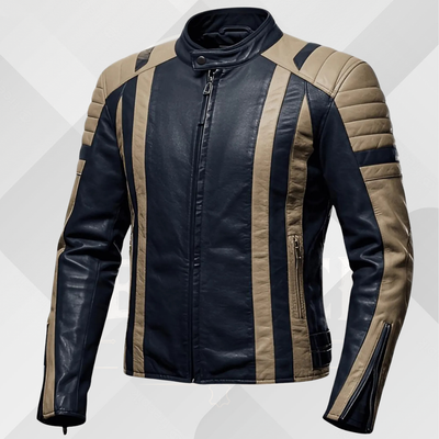 Men's Navy Blue & Beige Leather Cafe Racer Jacket – Handmade