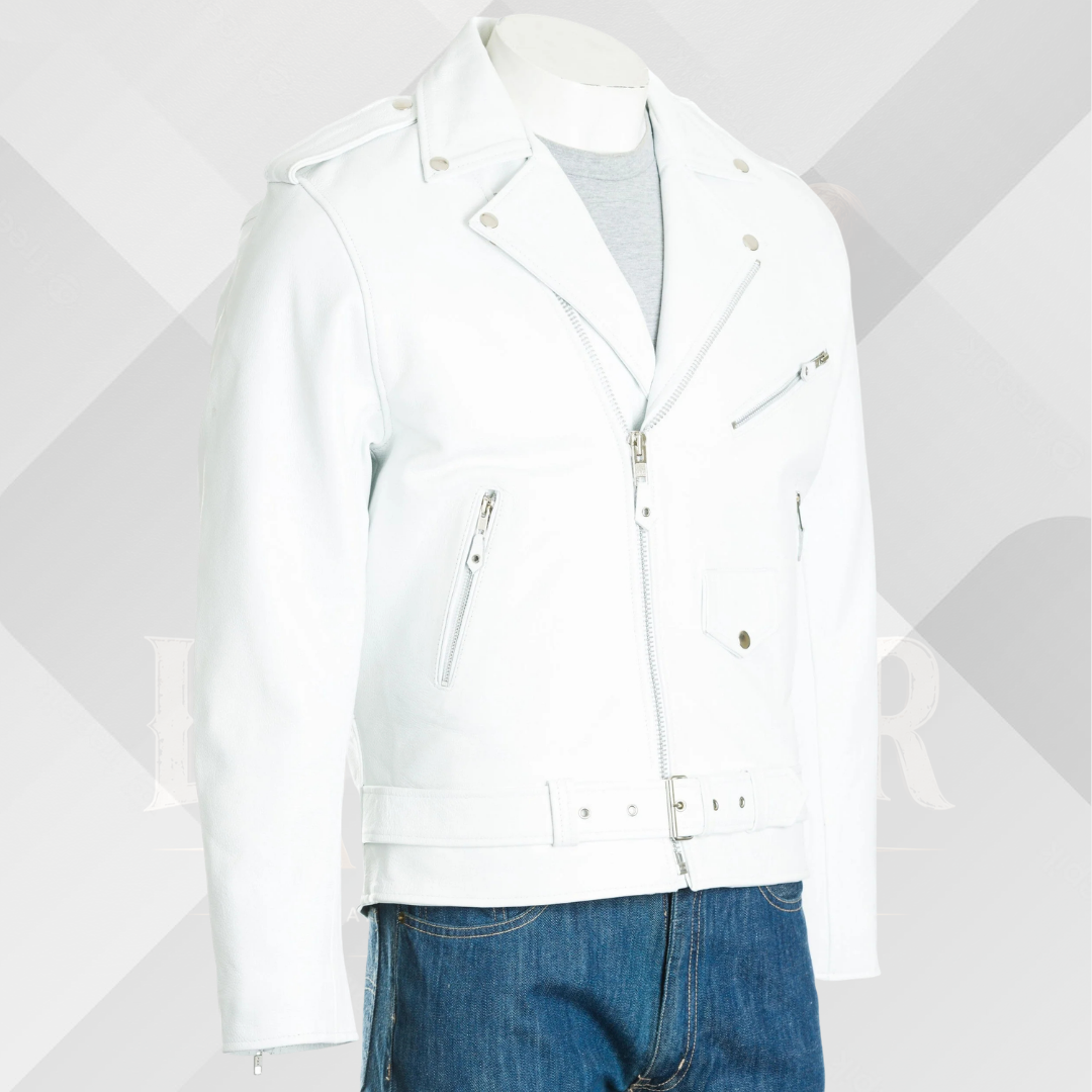 Men's White Classic Brando Leather Biker Jacket