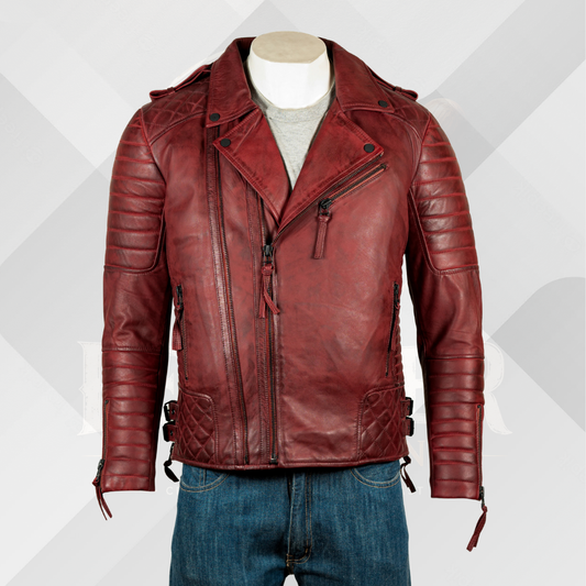Men's Antique Burgundy Handmade Leather Biker Jacket