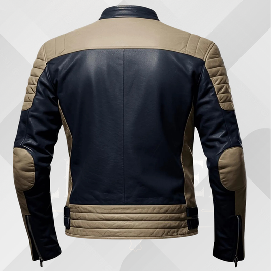 Men's Navy Blue & Beige Leather Cafe Racer Jacket – Handmade