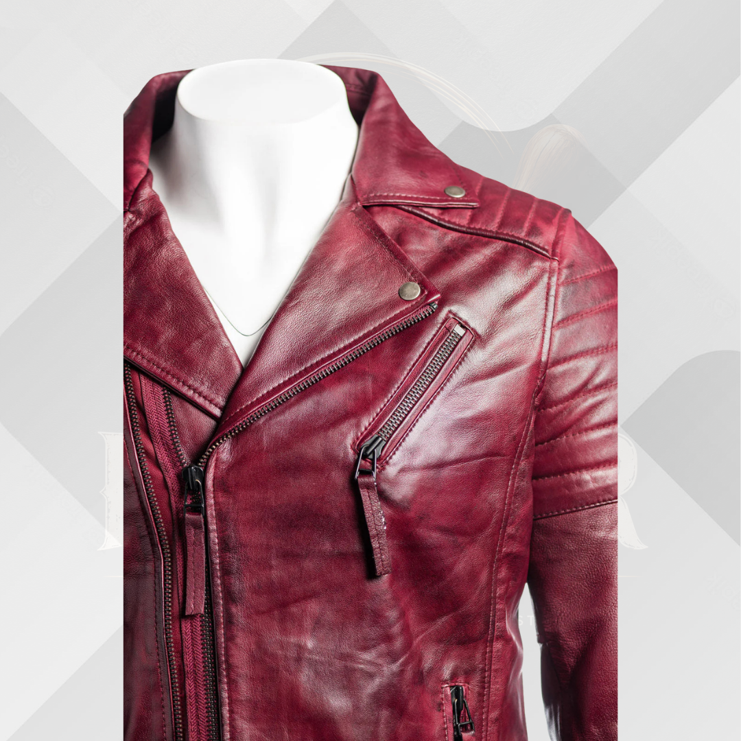 Men's Burgundy Slim Fit Leather Biker Jacket