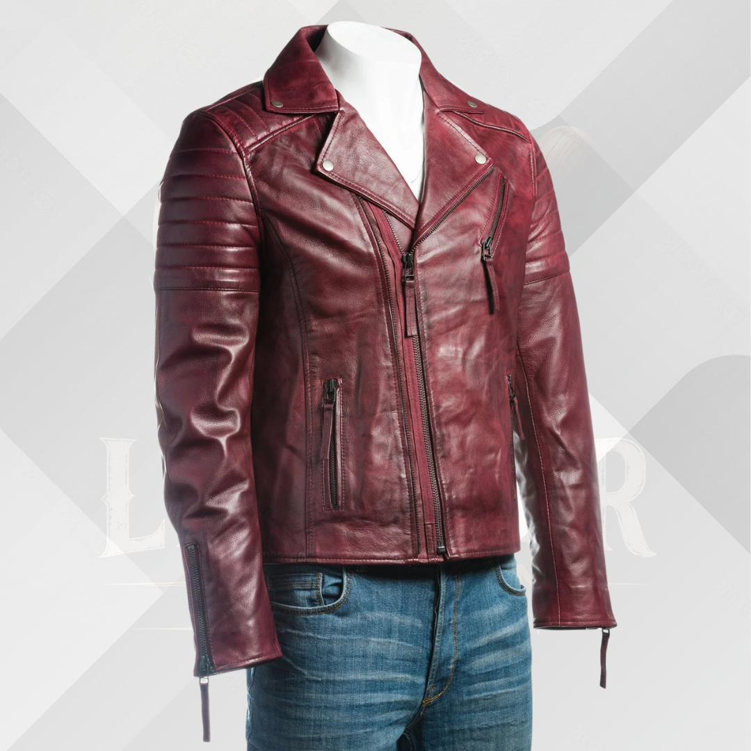 Men's Burgundy Slim Fit Leather Biker Jacket
