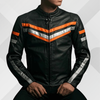Men's Black Leather Motorcycle Jacket – Orange Silver Stripe