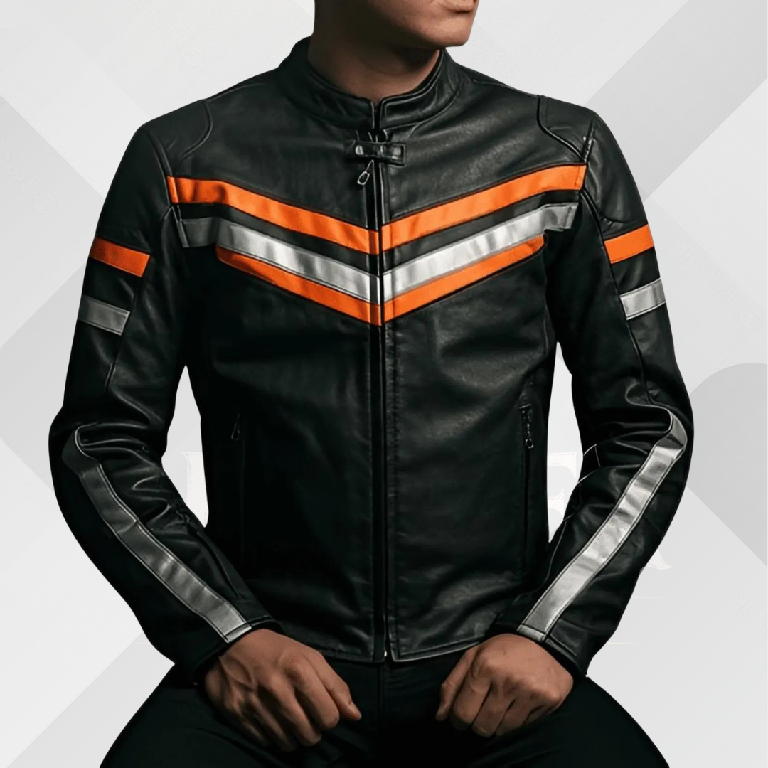 Men's Black Leather Motorcycle Jacket – Orange Silver Stripe