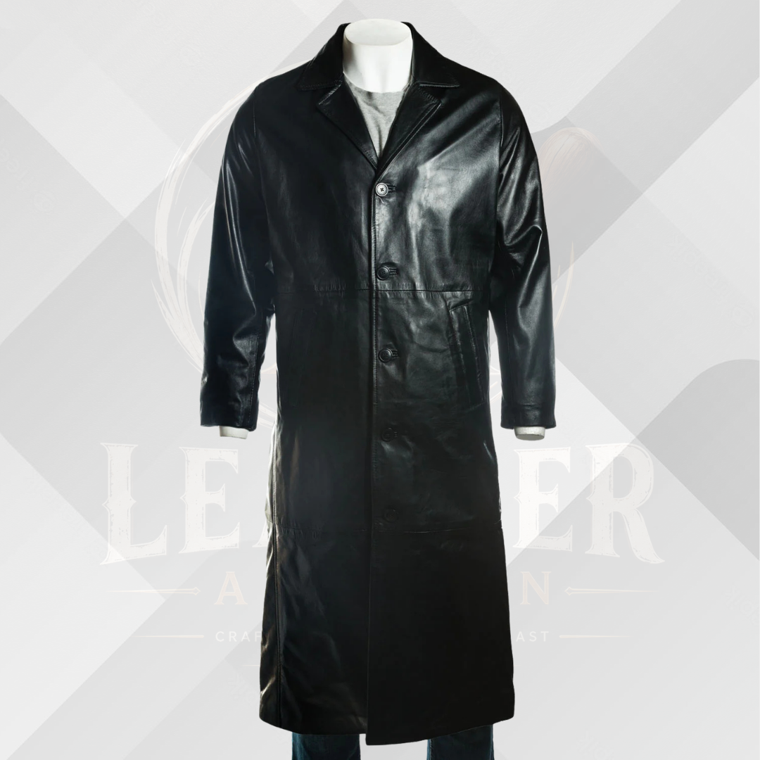 Men's Black Handmade Leather Overcoat