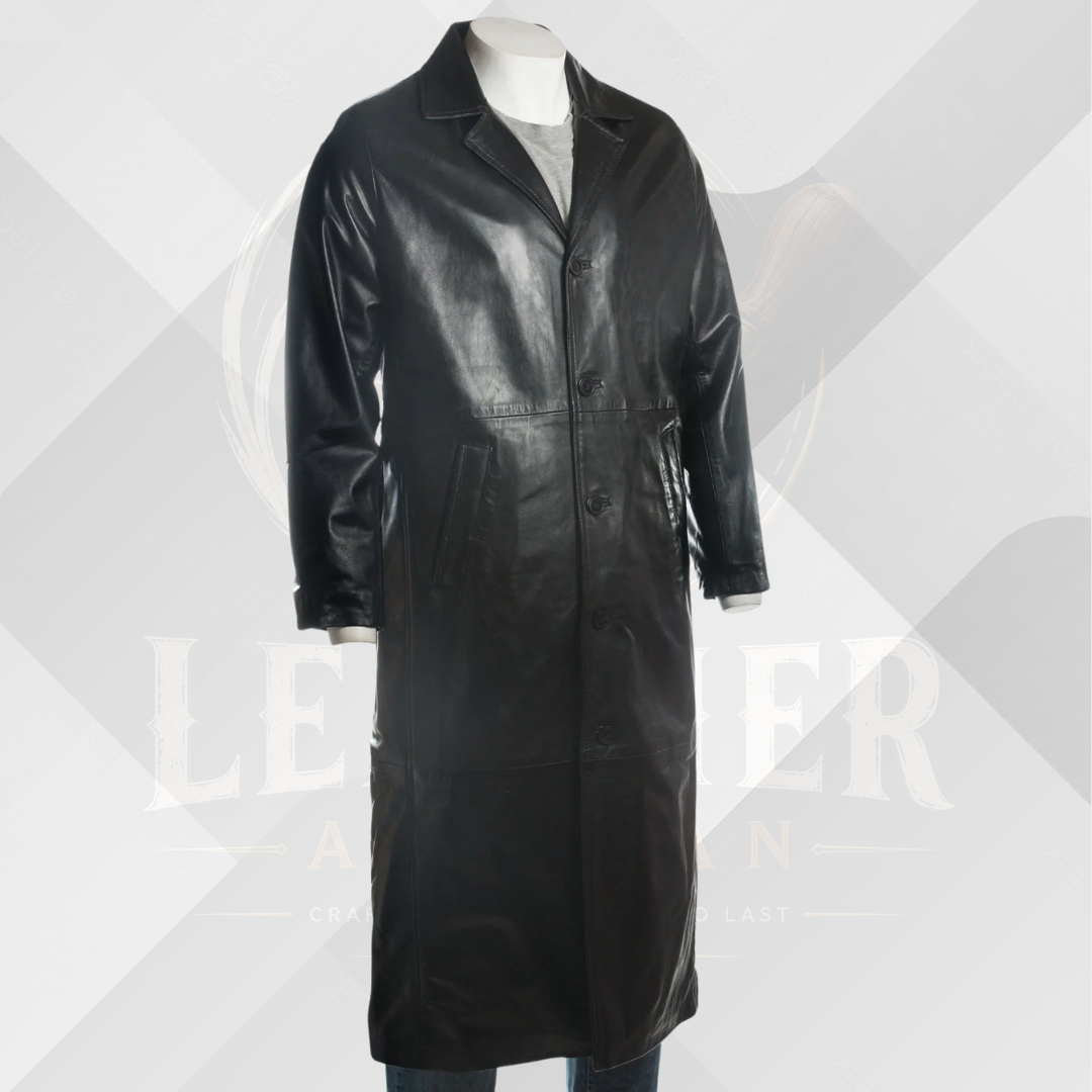 Men's Black Handmade Leather Overcoat