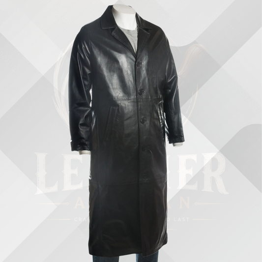 Men's Black Handmade Leather Overcoat