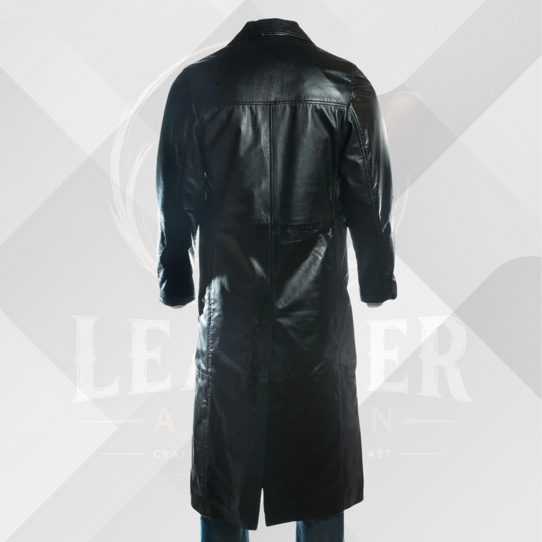 Men's Black Handmade Leather Overcoat