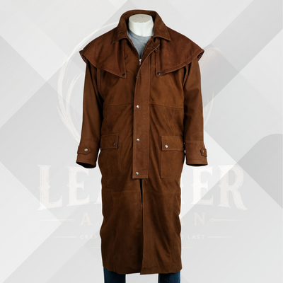 Men's Deep Tan Nubuck Leather Full Length Duster Coat