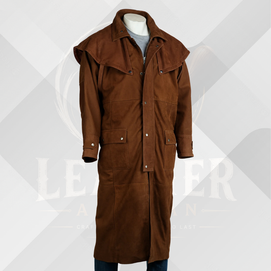 Men's Deep Tan Nubuck Leather Full Length Duster Coat