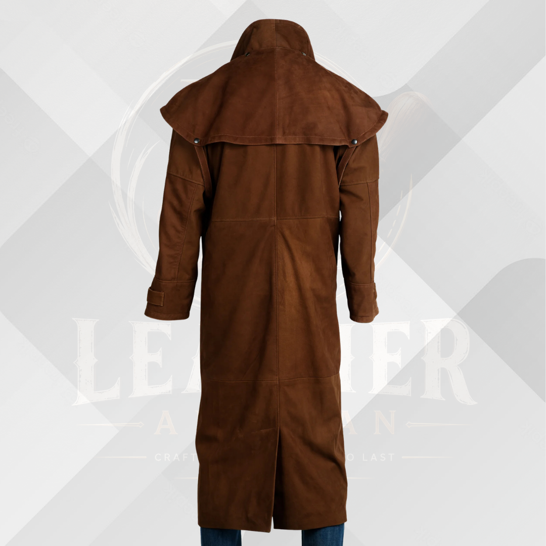 Men's Deep Tan Nubuck Leather Full Length Duster Coat