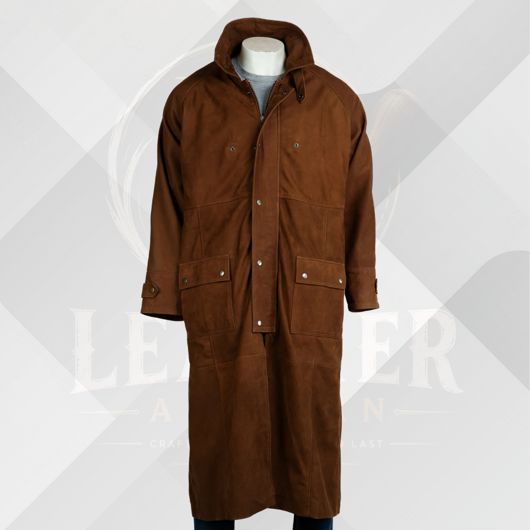 Men's Deep Tan Nubuck Leather Full Length Duster Coat