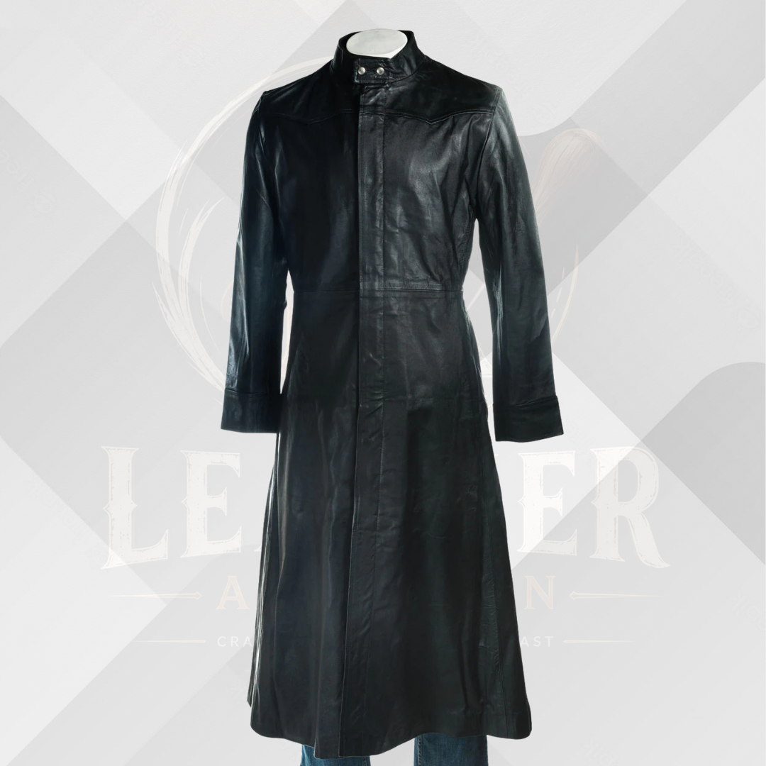 Men's Black Full Length Genuine Leather Matrix Coat