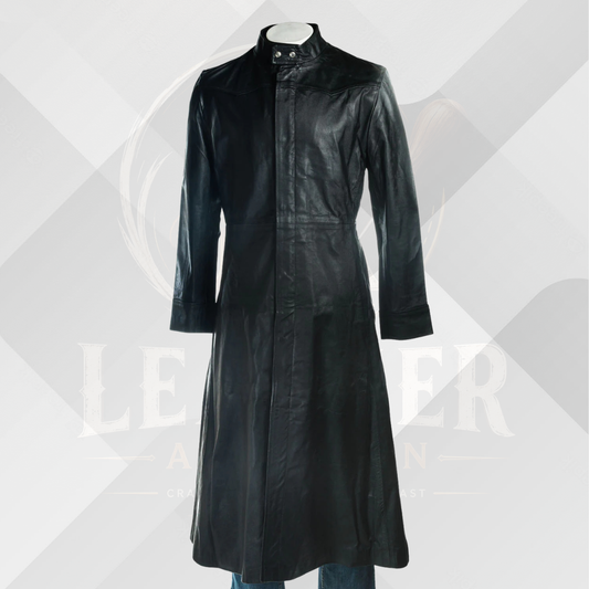 Men's Black Full Length Genuine Leather Matrix Coat