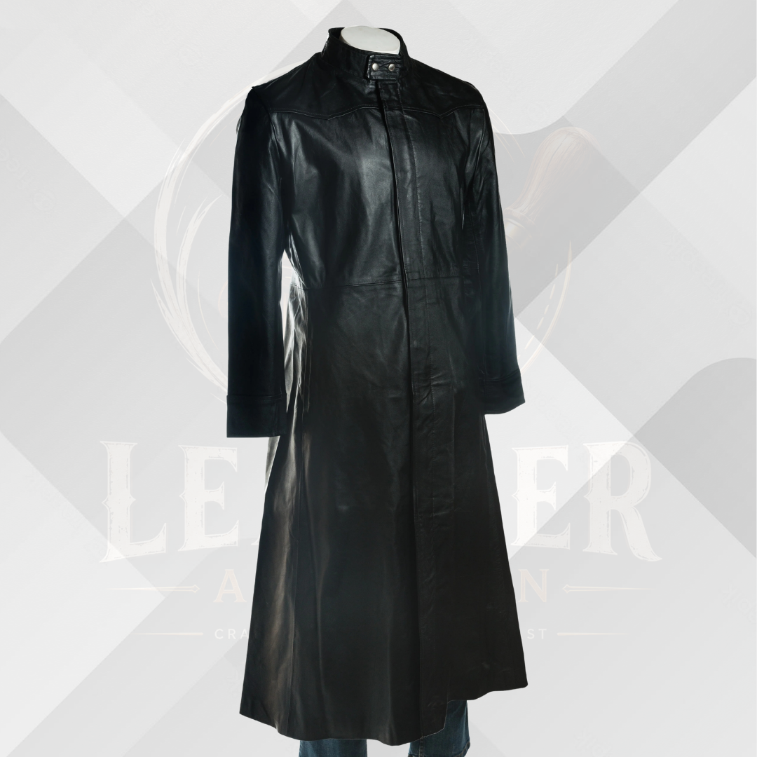 Men's Black Full Length Genuine Leather Matrix Coat