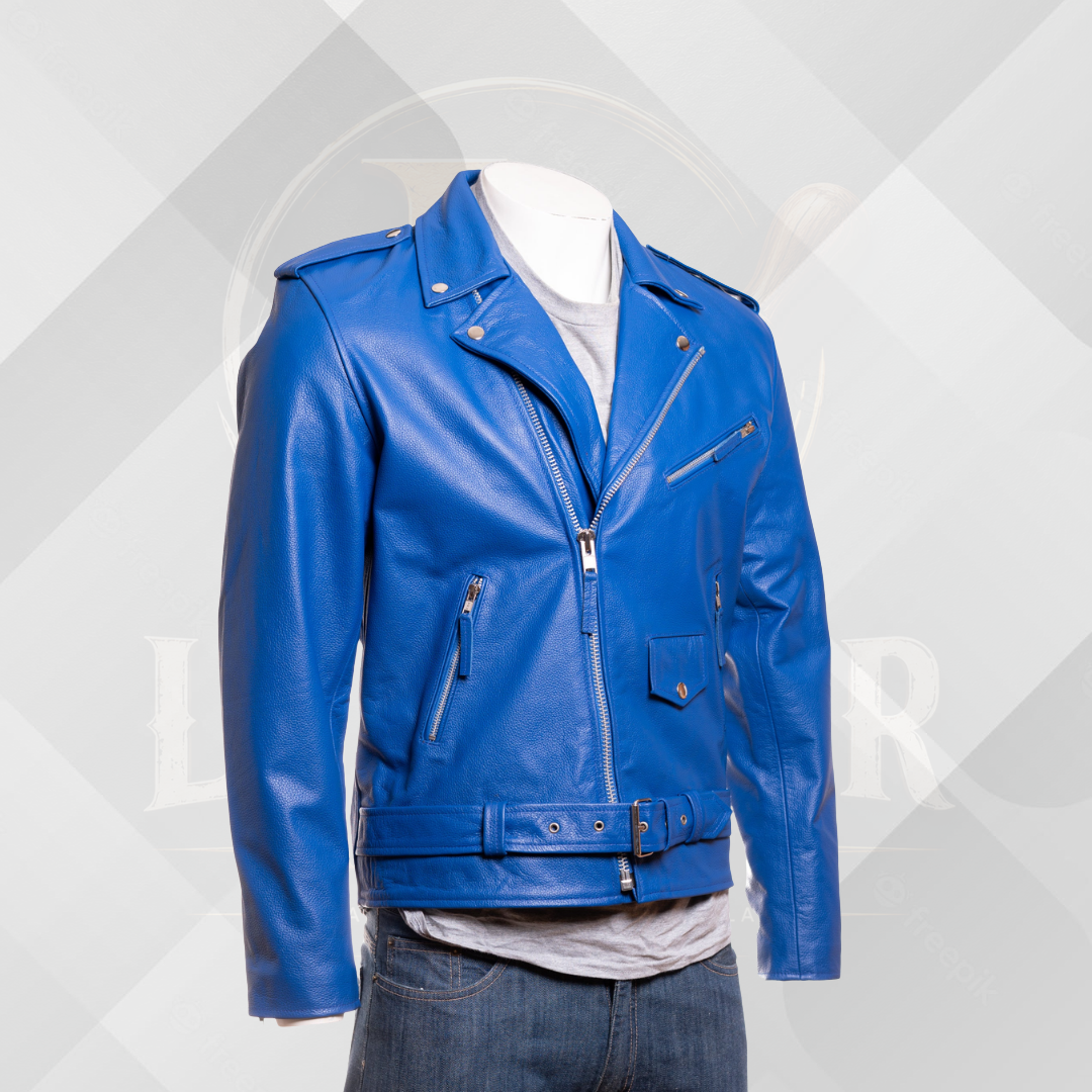 Men's Royal Blue Classic Brando Leather Biker Jacket