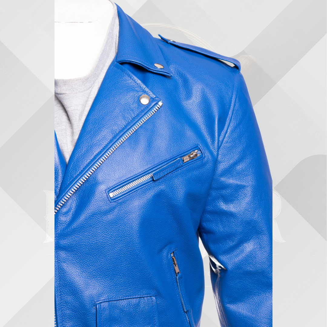 Men's Royal Blue Classic Brando Leather Biker Jacket