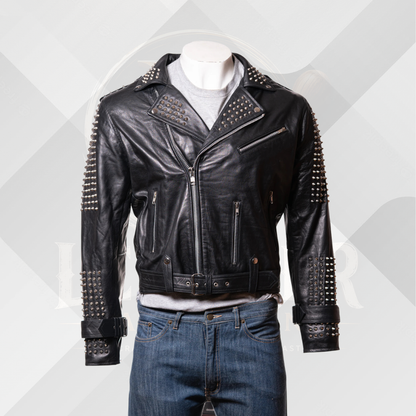 Men's Handmade Black Nappa Leather Studded Motorcycle Jacket