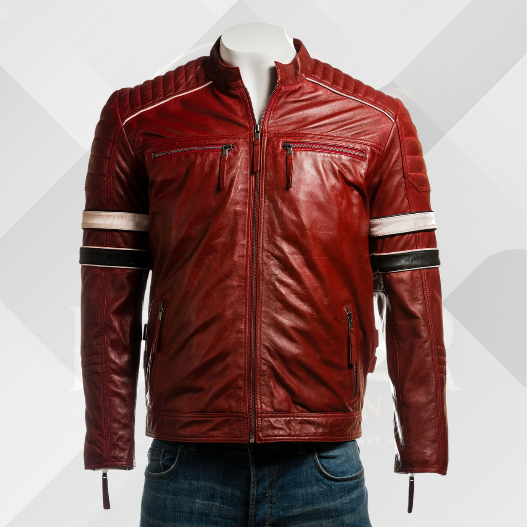 Men's Red Racing Biker Leather Jacket – Retro Slim Fit Style