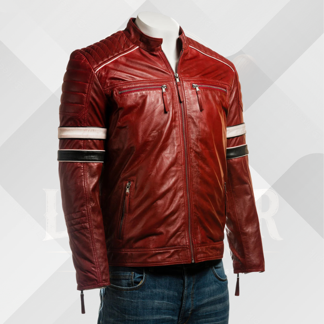 Men's Red Racing Biker Leather Jacket – Retro Slim Fit Style