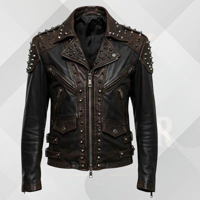 Handmade Men's Cowhide Studded Motorcycle Jacket